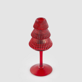Castiçal Vidro Pinheiro Vermelho 19cm